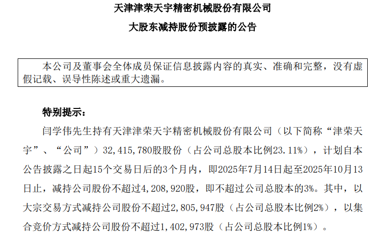 津荣天宇：股东闫学伟拟减持不超3%股份，不超过420.89万股