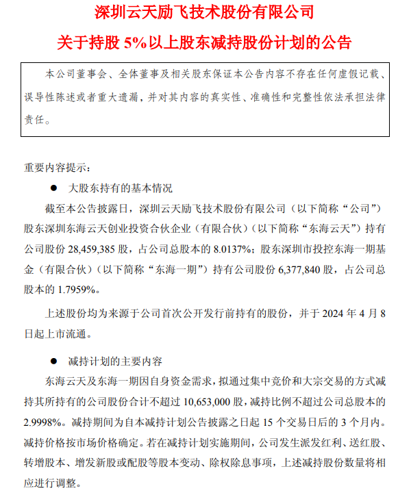 云天励飞：东海云天及东海一期拟合计减持不超2.9998%股份，不超过1065.3万股