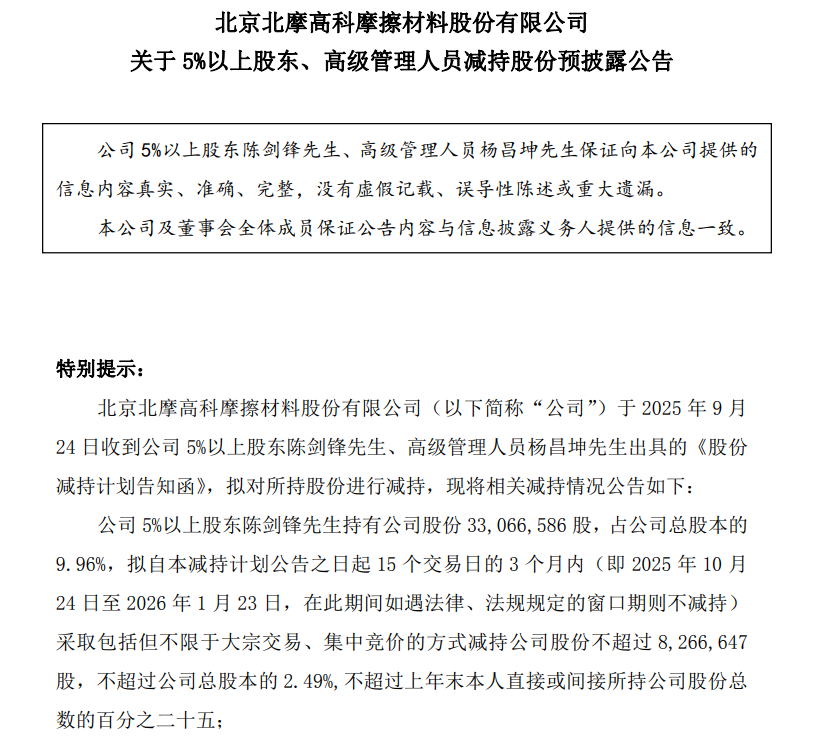 北摩高科：股东陈剑锋、高管杨昌坤拟合计减持不超2.52%股份