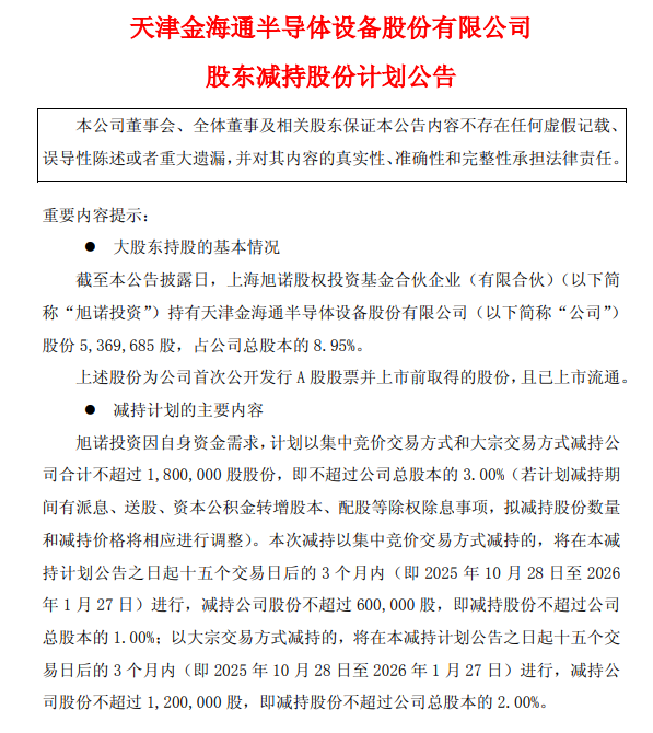 金海通：股东旭诺投资拟减持不超3%股份，不超过180万股