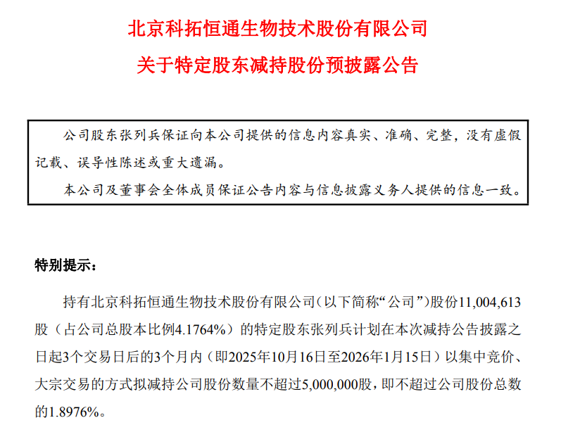 科拓生物：特定股东张列兵拟减持不超1.8976%股份，不超过500万股