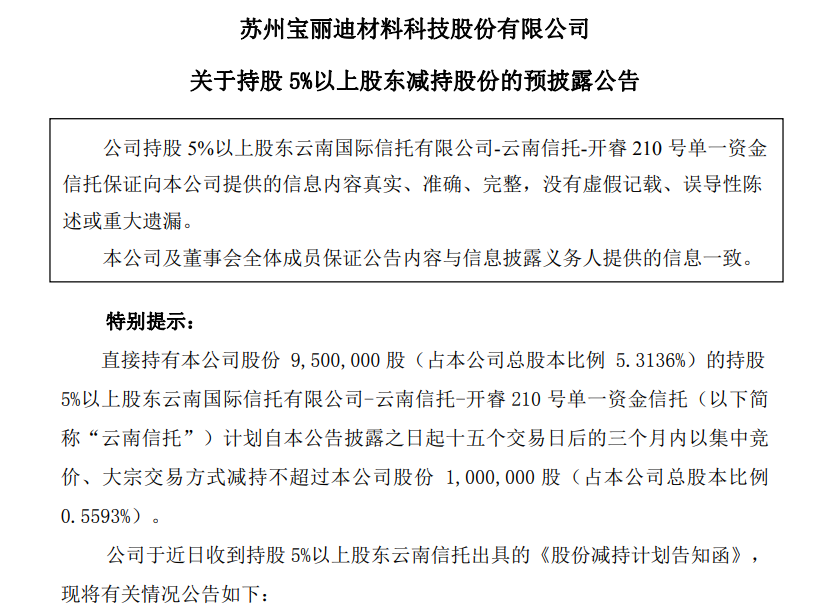 宝丽迪：云南信托拟减持不超过100万股公司股份，不超公司总股本0.5593%