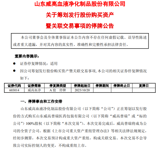 威高血净：筹划收购威高普瑞100%股权，10月20日起停牌不超10个交易日