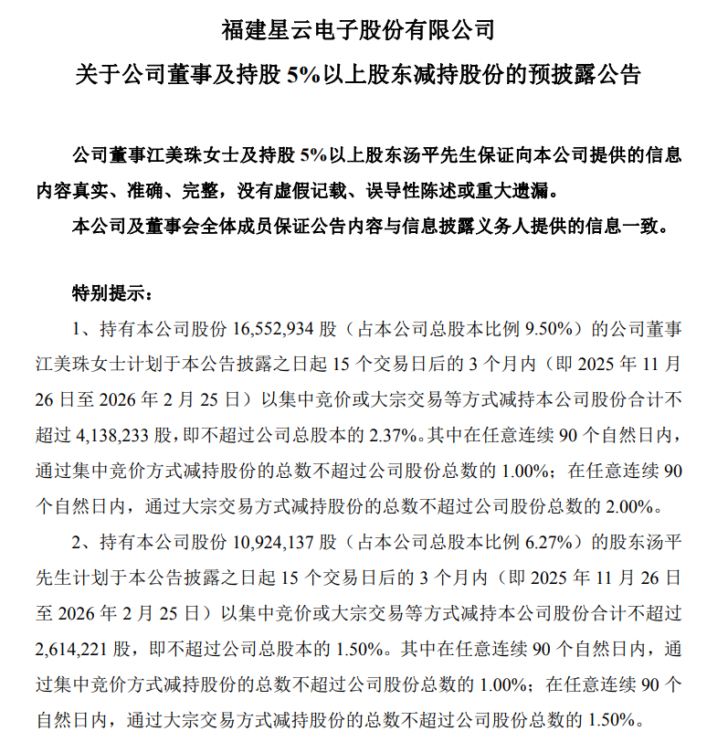 星云股份：两位股东拟合计减持不超3.87%股份，不会对经营产生不利影响